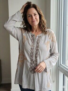 Johnny Was Gray Long-Sleeve Embroidered Henley with Brown & Tan Accents
